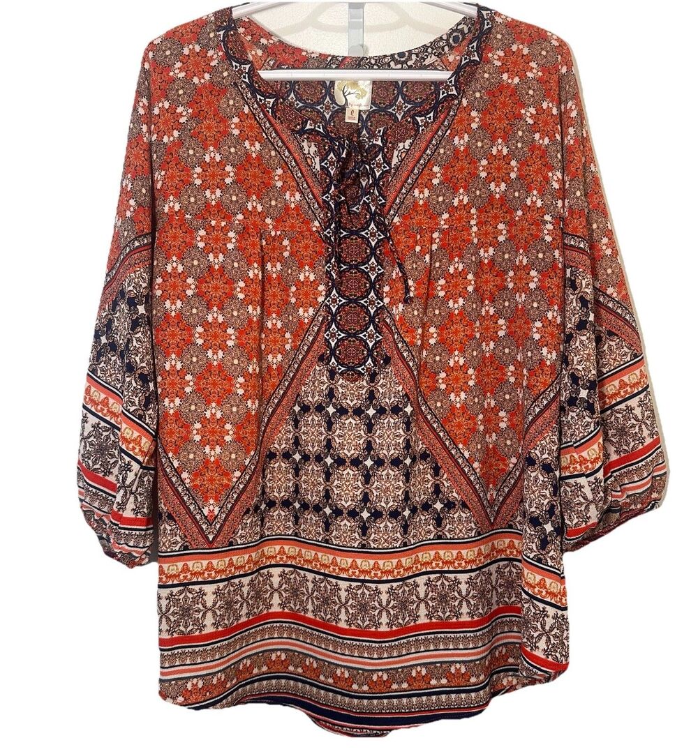Fig and Flower Boho Peasant Blouse Large Rust Navy Medallion